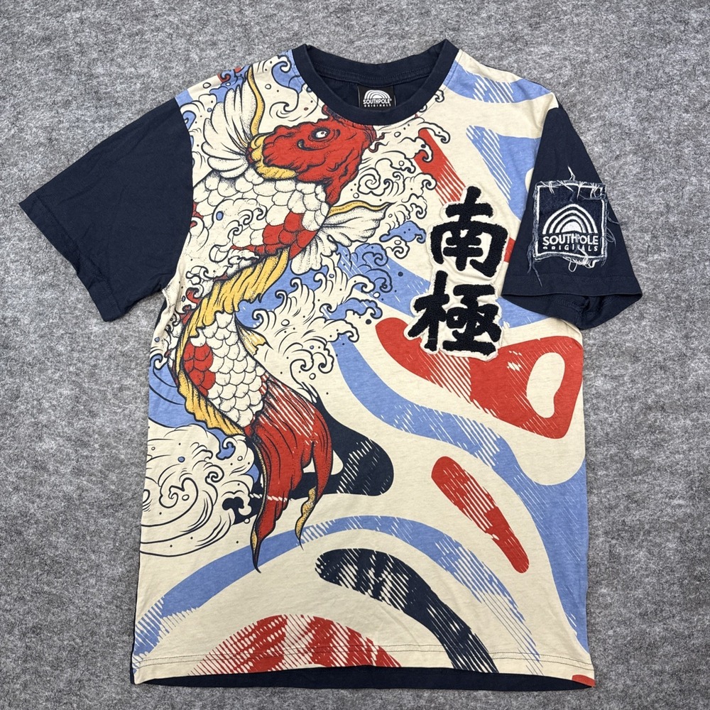 Southpole t-shirt men's medium front graphic patches koi fish dragon y2k bold